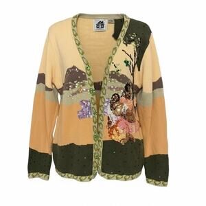 Vtg Storybook Knits Gauguin When Will You Marry Sweater Sequin Art to Wear Large